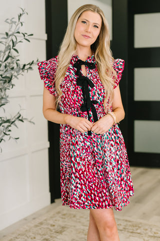 Haptics Pattern Pending Bow Detail Dress in Fuchsia and Black