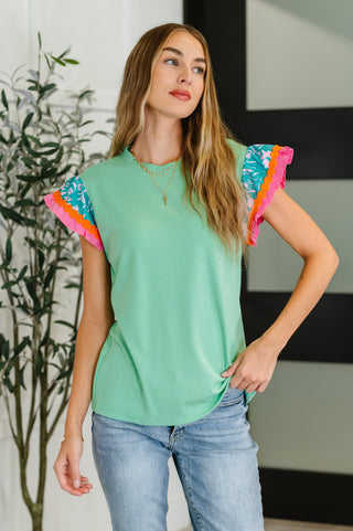 One Eleven North Petals & Poise Floral Flutter Sleeve Top in Green