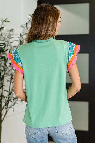 One Eleven North Petals & Poise Floral Flutter Sleeve Top in Green