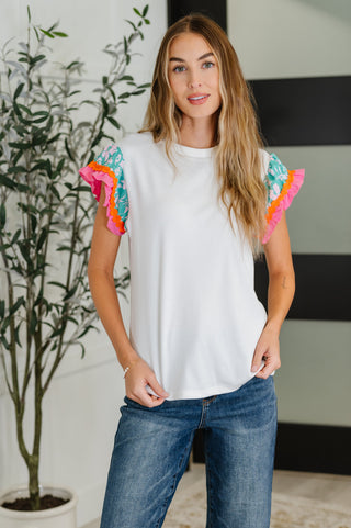 One Eleven North Petals & Poise Floral Flutter Sleeve Top in White