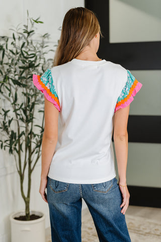 One Eleven North Petals & Poise Floral Flutter Sleeve Top in White