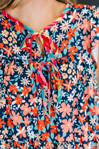 Haptics Petal to the Metal Flutter Sleeve Dress in Navy/Coral