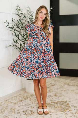 Haptics Petal to the Metal Flutter Sleeve Dress in Navy/Coral