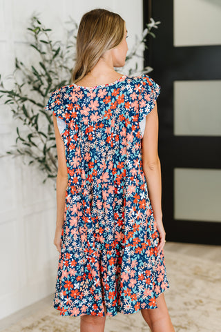 Haptics Petal to the Metal Flutter Sleeve Dress in Navy/Coral