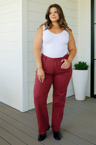 Judy Blue Phoebe High Rise Front Seam Straight Jeans in Burgundy - Exclusive