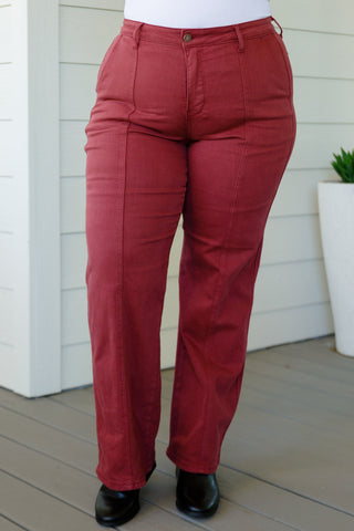Judy Blue Phoebe High Rise Front Seam Straight Jeans in Burgundy - Exclusive