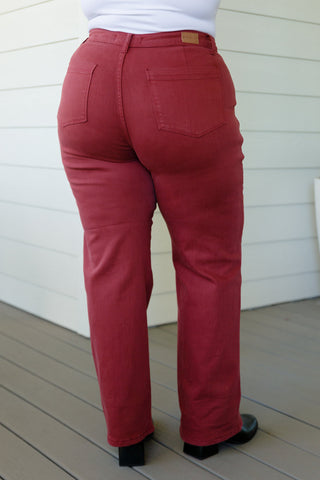 Judy Blue Phoebe High Rise Front Seam Straight Jeans in Burgundy - Exclusive