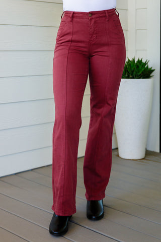 Judy Blue Phoebe High Rise Front Seam Straight Jeans in Burgundy - Exclusive