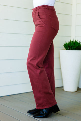 Judy Blue Phoebe High Rise Front Seam Straight Jeans in Burgundy - Exclusive