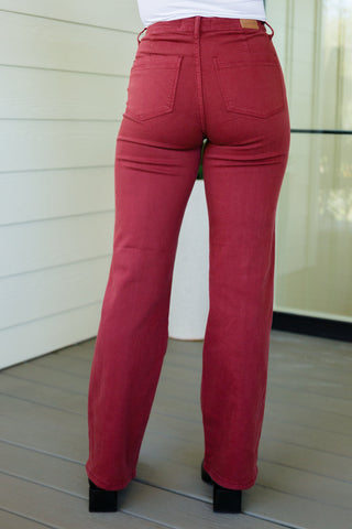 Judy Blue Phoebe High Rise Front Seam Straight Jeans in Burgundy - Exclusive