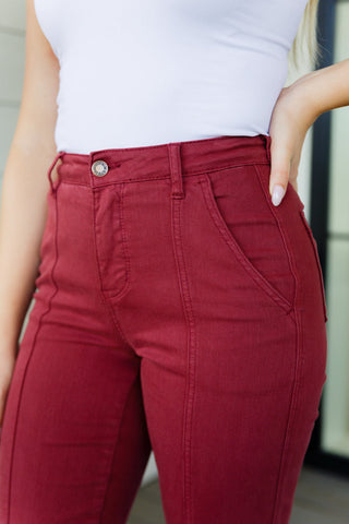 Judy Blue Phoebe High Rise Front Seam Straight Jeans in Burgundy - Exclusive