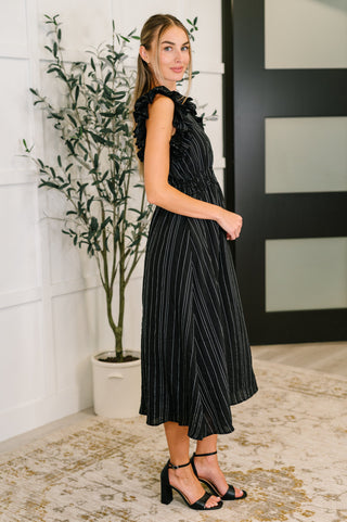 Jodifl Pinstripe Romance V-Neck Ruffle Sleeve Dress in Black