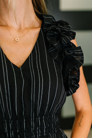 Jodifl Pinstripe Romance V-Neck Ruffle Sleeve Dress in Black