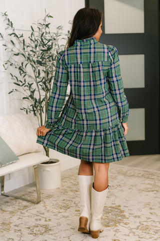 One Eleven North Plaid Perspective Split Neck Long Sleeve Dress