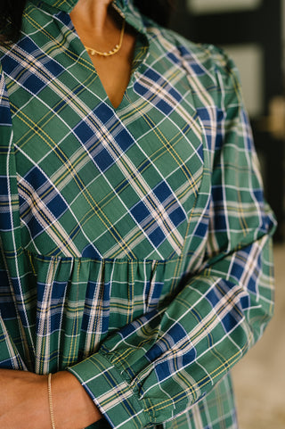 One Eleven North Plaid Perspective Split Neck Long Sleeve Dress