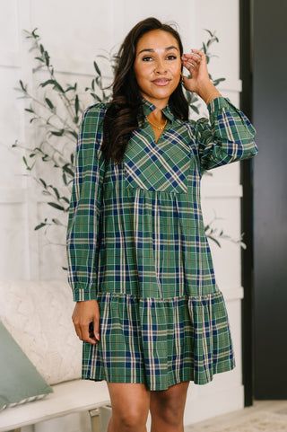 One Eleven North Plaid Perspective Split Neck Long Sleeve Dress
