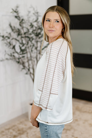 One Eleven North Preoccupied Striped Sleeve Top in Tan