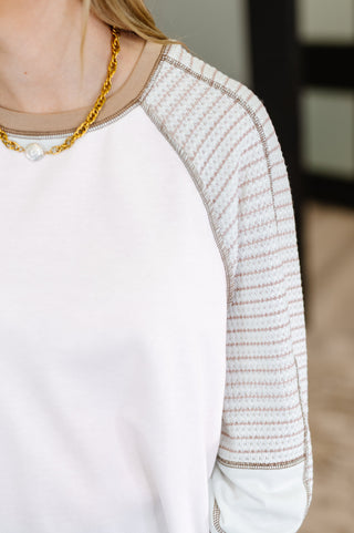 One Eleven North Preoccupied Striped Sleeve Top in Tan