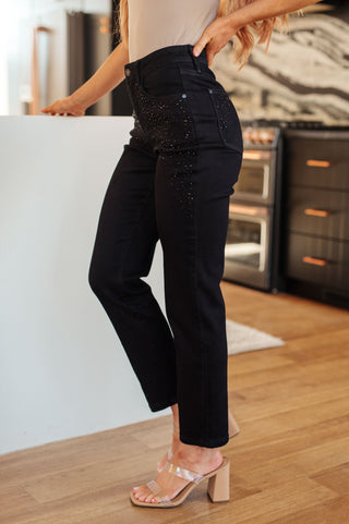 Judy Blue Reese Rhinestone Slim Fit Jeans in Black - Exclusive