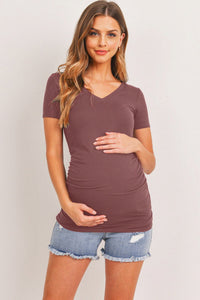 Hello Miz Short Sleeve V-Neck Maternity Tee with Ruched Side, Mauve-Clothing-Sunshine and Wine Boutique