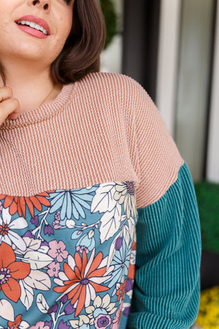7th Ray Retro and Ribbed Floral Color Block Top