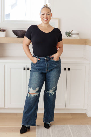 Judy Blue Rose High Rise 90's Straight Jeans in Dark Wash - Exclusive