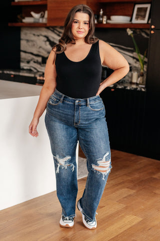 Judy Blue Rose High Rise 90's Straight Jeans in Dark Wash - Exclusive