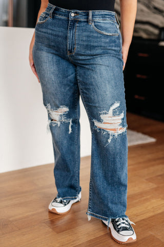 Judy Blue Rose High Rise 90's Straight Jeans in Dark Wash - Exclusive