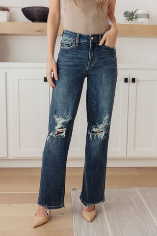 Judy Blue Rose High Rise 90's Straight Jeans in Dark Wash - Exclusive