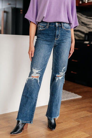Judy Blue Rose High Rise 90's Straight Jeans in Dark Wash - Exclusive