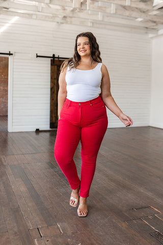 Judy Blue Ruby High Rise Control Top Garment Dyed Skinny Jeans in Red - Exclusive
