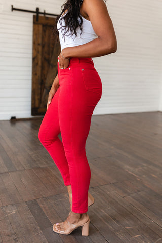 Judy Blue Ruby High Rise Control Top Garment Dyed Skinny Jeans in Red - Exclusive