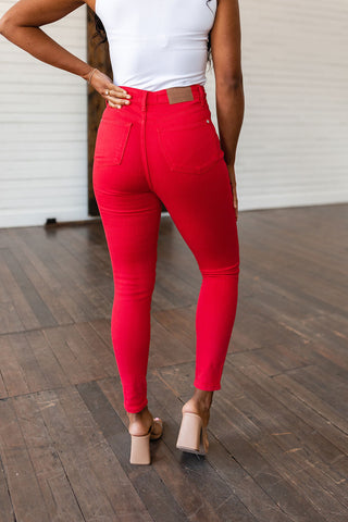 Judy Blue Ruby High Rise Control Top Garment Dyed Skinny Jeans in Red - Exclusive