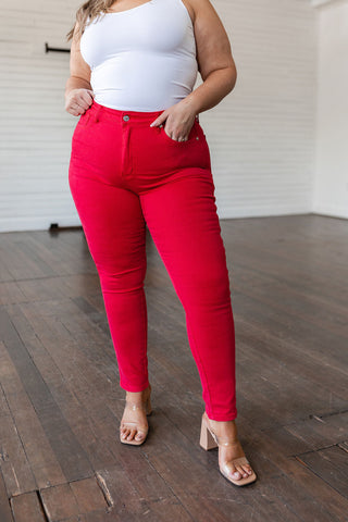 Judy Blue Ruby High Rise Control Top Garment Dyed Skinny Jeans in Red - Exclusive