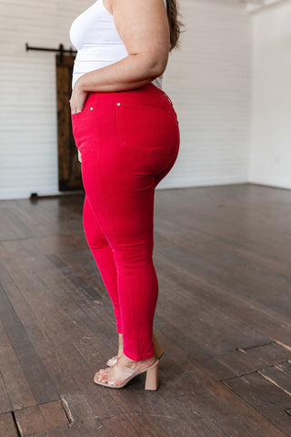 Judy Blue Ruby High Rise Control Top Garment Dyed Skinny Jeans in Red - Exclusive