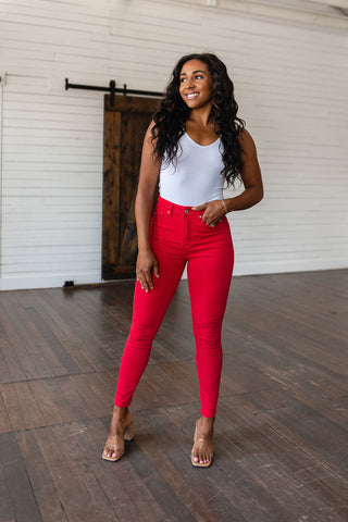 Judy Blue Ruby High Rise Control Top Garment Dyed Skinny Jeans in Red - Exclusive