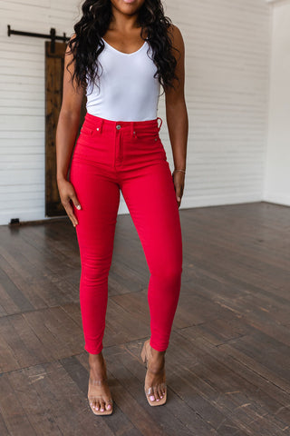 Judy Blue Ruby High Rise Control Top Garment Dyed Skinny Jeans in Red - Exclusive