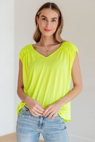 Dear Scarlett Ruched Cap Sleeve Top in Neon Green