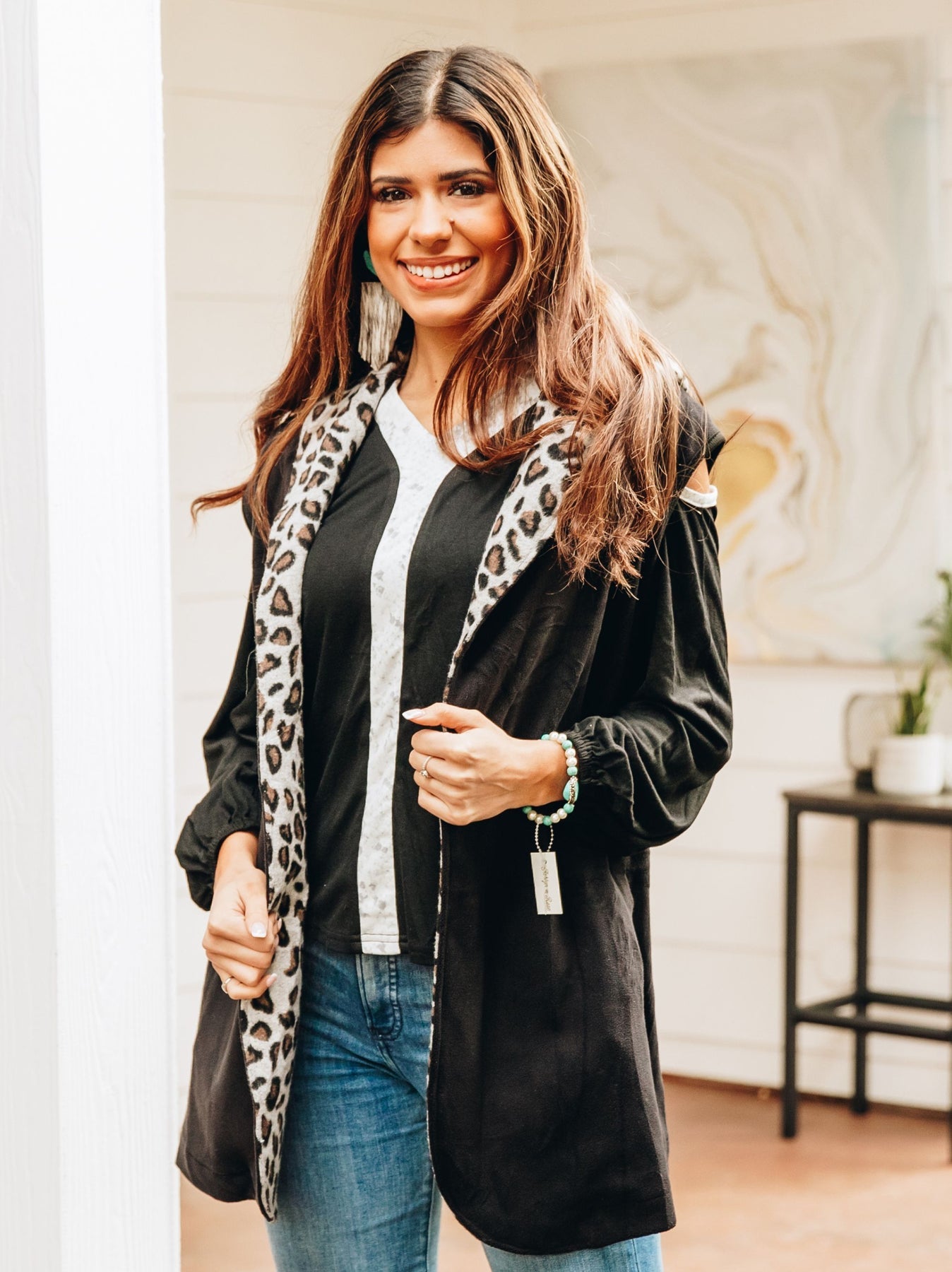 Southern Grace Warm and Together Black with Leopard Vest Cardigan-Clothing-Sunshine and Wine Boutique