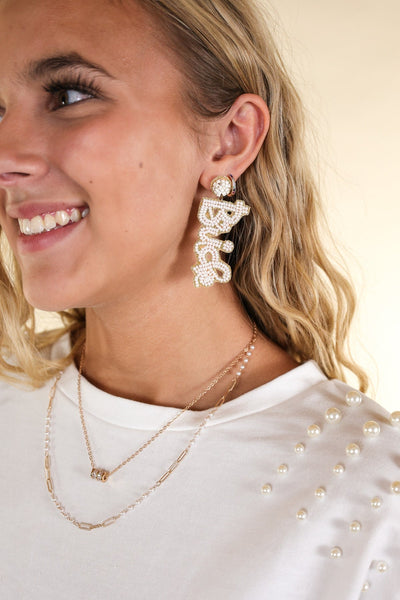 Ashlyn Rose Here comes the bride! White and Gold Beaded Earrings-Earrings-Sunshine and Wine Boutique
