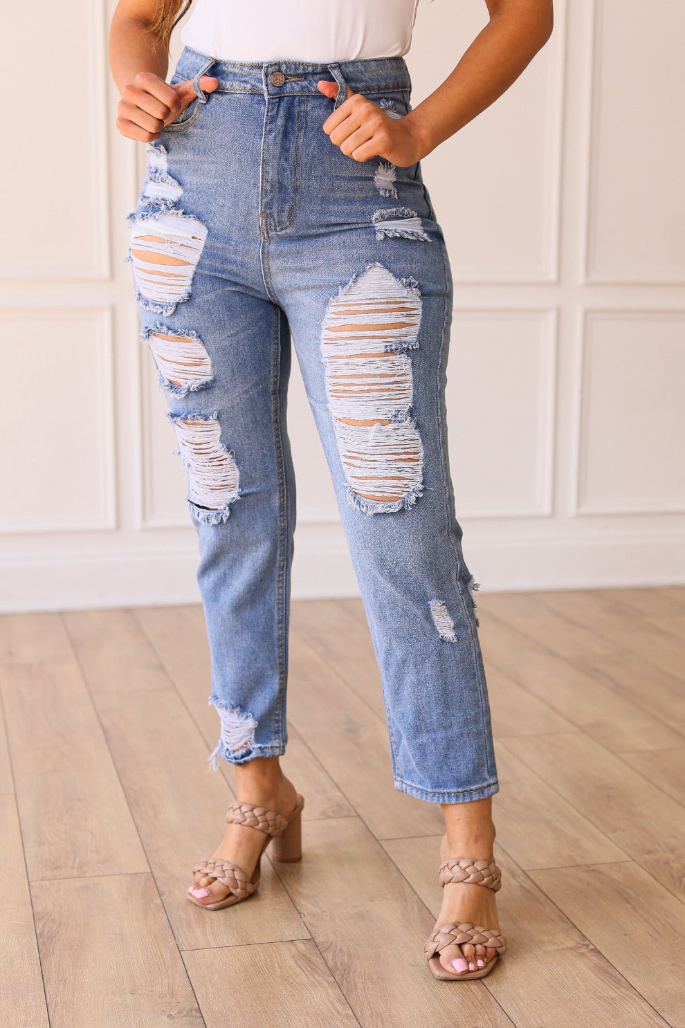 Southern Grace The Savannah Mid Rise Straight Fit Distressed Denim-Jeans-Sunshine and Wine Boutique