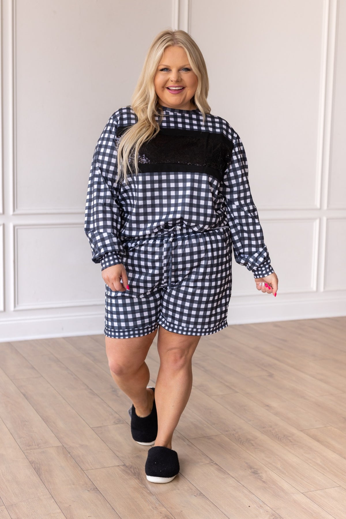 Southern Grace Stylin in Gingham Loungewear Set with Shorts and Sequins-Loungewear-Sunshine and Wine Boutique