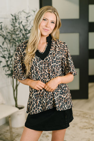 Haptics Sassy Season Split Neck Leopard Print Blouse