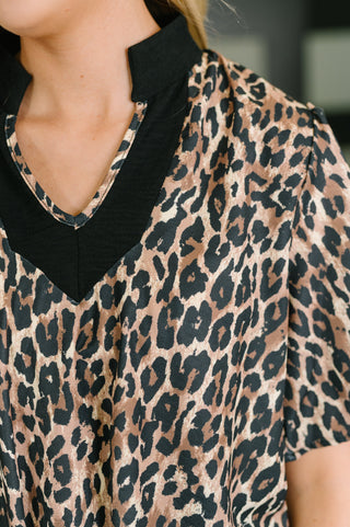 Haptics Sassy Season Split Neck Leopard Print Blouse