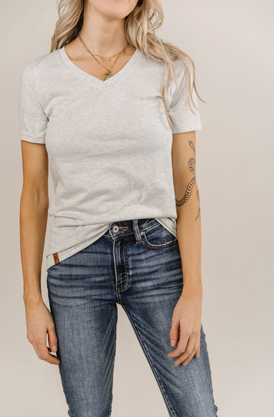 Ampersand Vneck LuLu Short Sleeve Top, Heather Grey-Shirts & Tops-Sunshine and Wine Boutique
