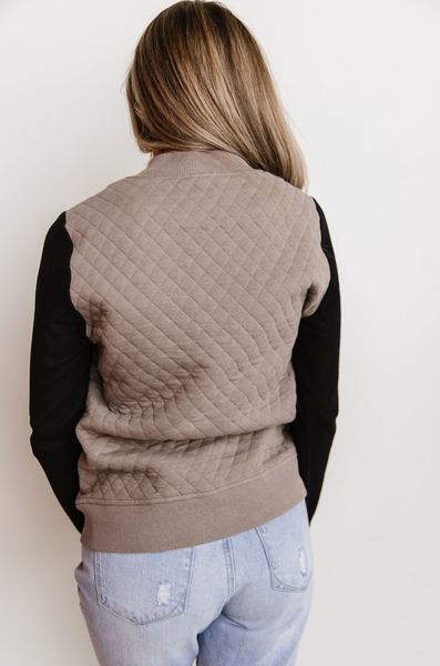 Ampersand Quilted Bomber Jacket, Taupe & Black-Coats & Jackets-Sunshine and Wine Boutique