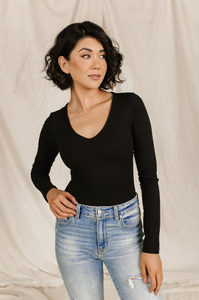 Ampersand Bodysuit Long Sleeve V-Neck Top, Black-Shirts & Tops-Sunshine and Wine Boutique