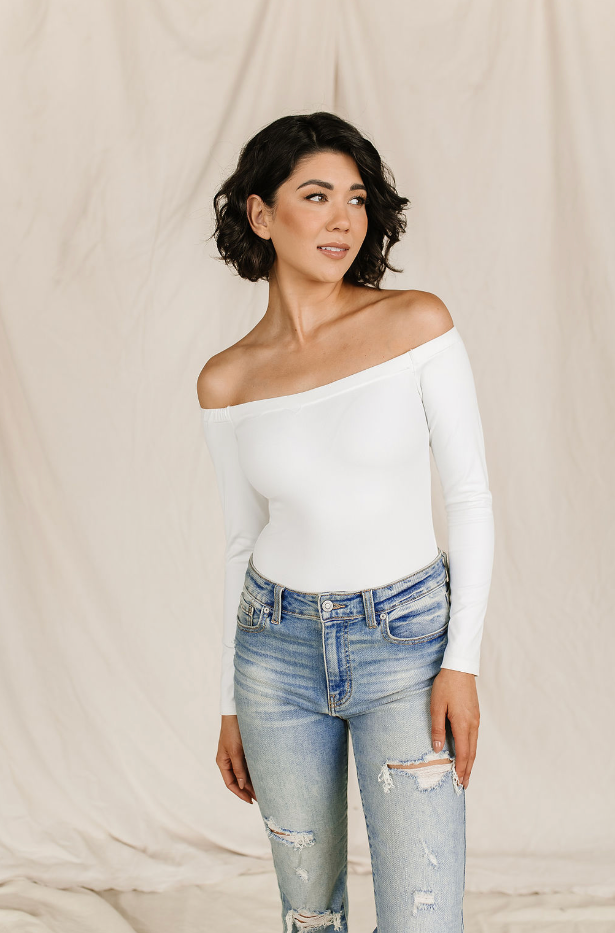 Ampersand Bodysuit Off the Shoulder Long Sleeve Crew Top, White-Shirts & Tops-Sunshine and Wine Boutique