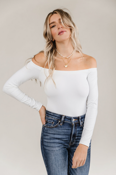 Ampersand Bodysuit Off the Shoulder Long Sleeve Crew Top, White-Shirts & Tops-Sunshine and Wine Boutique
