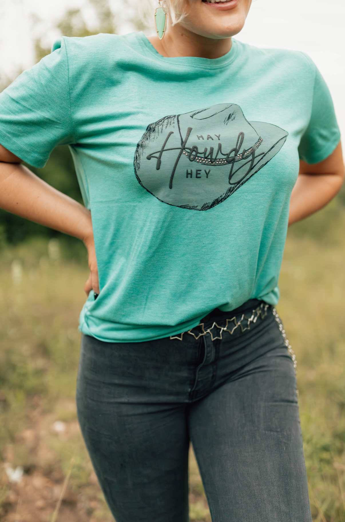 2 Fly Hey Howdy Rhinestone Short Sleeve Top, Teal-Shirts & Tops-Sunshine and Wine Boutique